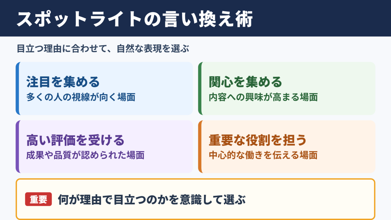 「スポットライトを浴びる」の言い換え一覧表と場面別の表現