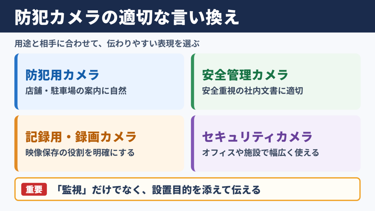 防犯カメラの言い換え一覧表とビジネスでの使い分け
