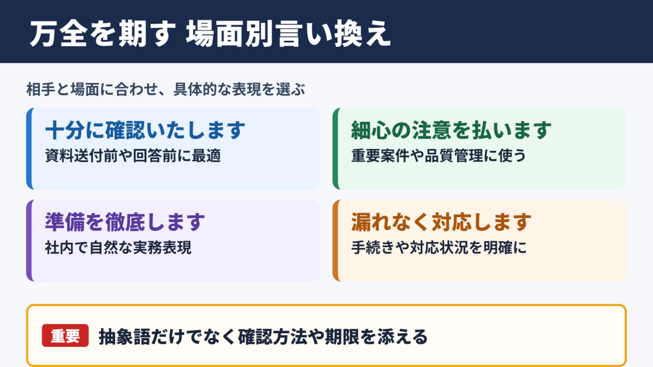 「万全を期す」の言い換え一覧と場面別の使い分け