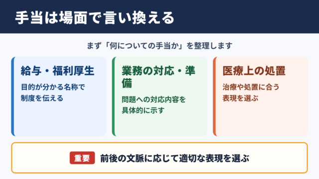「手当」の言い換え一覧表と場面別の使い分け