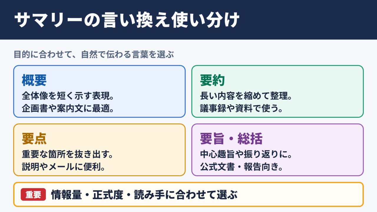 サマリーの言い換え一覧表と使い分け