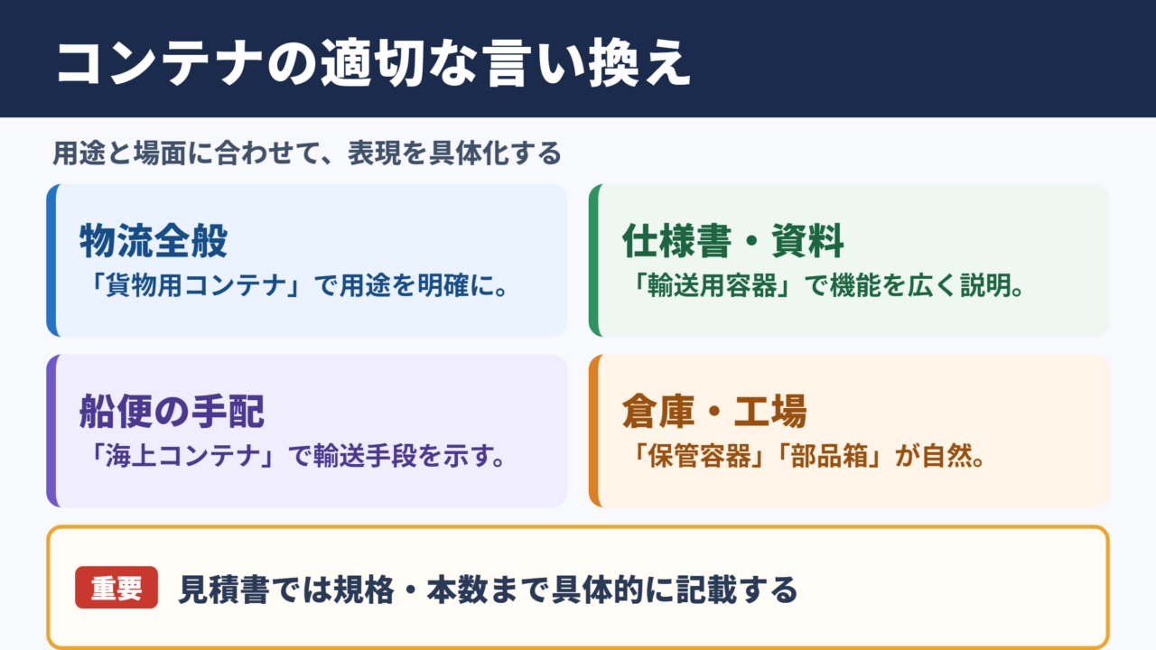 コンテナの言い換え一覧表とシーン別の使い分け